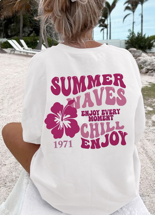 T-shirt femme Summer Waves blanc - motif floral hibiscus imprimé