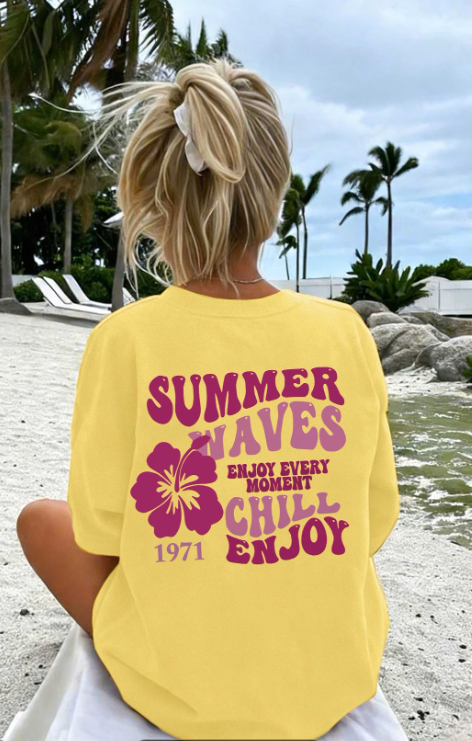 T-shirt femme Summer Waves jaune - motif floral hibiscus imprimé