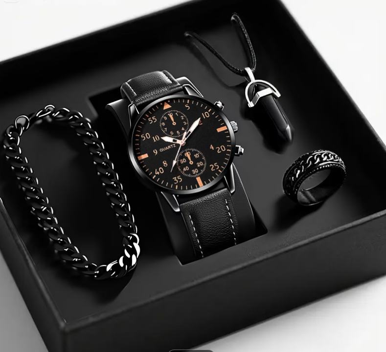 Coffret Cadeau Luxe Homme 4 Pièces Montre Quartz Bracelet Bague Collier Noir