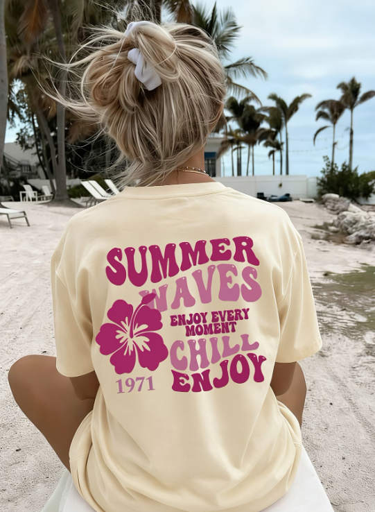 T-shirt femme Summer Waves beige - motif floral hibiscus imprimé