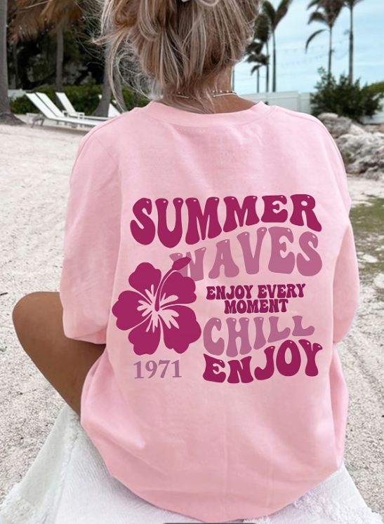T-shirt femme Summer Waves rose - motif floral hibiscus imprimé